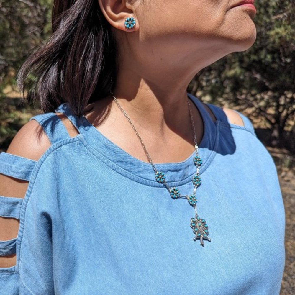 Zuni Chain Necklace and Earrings Set Kingman Turquoise Cluster Native American**